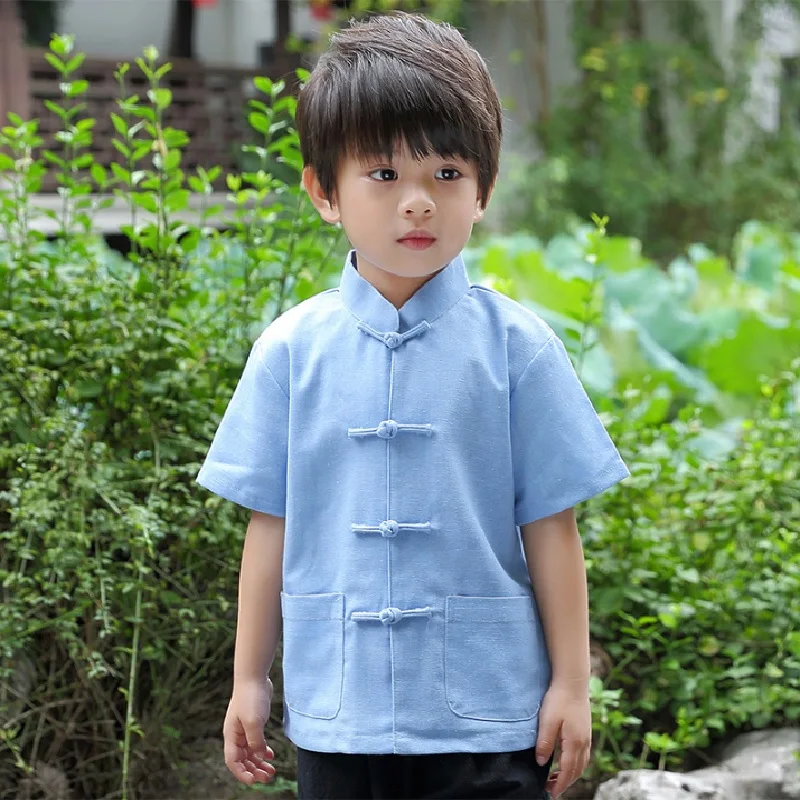 2019 Baby Boy Kungfu Clothes Sets Chinese Style Children Tee Shirt Short Pant Tang Suit Linen Breathable Boys Jersey Sport Suit