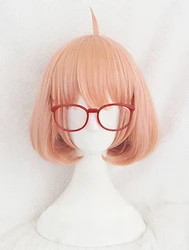 Kyokai no Kanata Kuriyama Mirai Cosplay Wig Short Orange Pink Heat Resistant Synthetic Hair Wigs + Red Glasses + Wig Cap