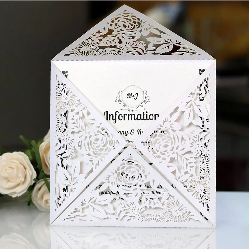 50pcs White Elegant Square Hollow Laser Cut Wedding Invitation Card Custom Printing Wedding Decoration Event Party Supplies