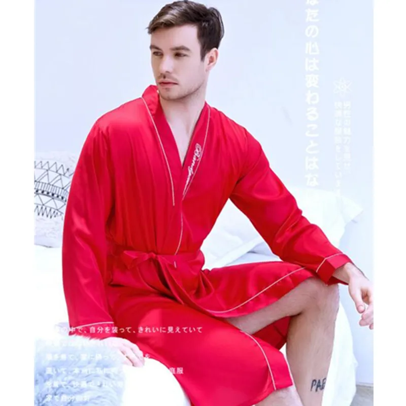 Men's Robe Pajamas Ice Silk Set Long Sleeves Nightgown Homewear New Style Leisure Sleepwear Simple Plus Size Home Clothes J132