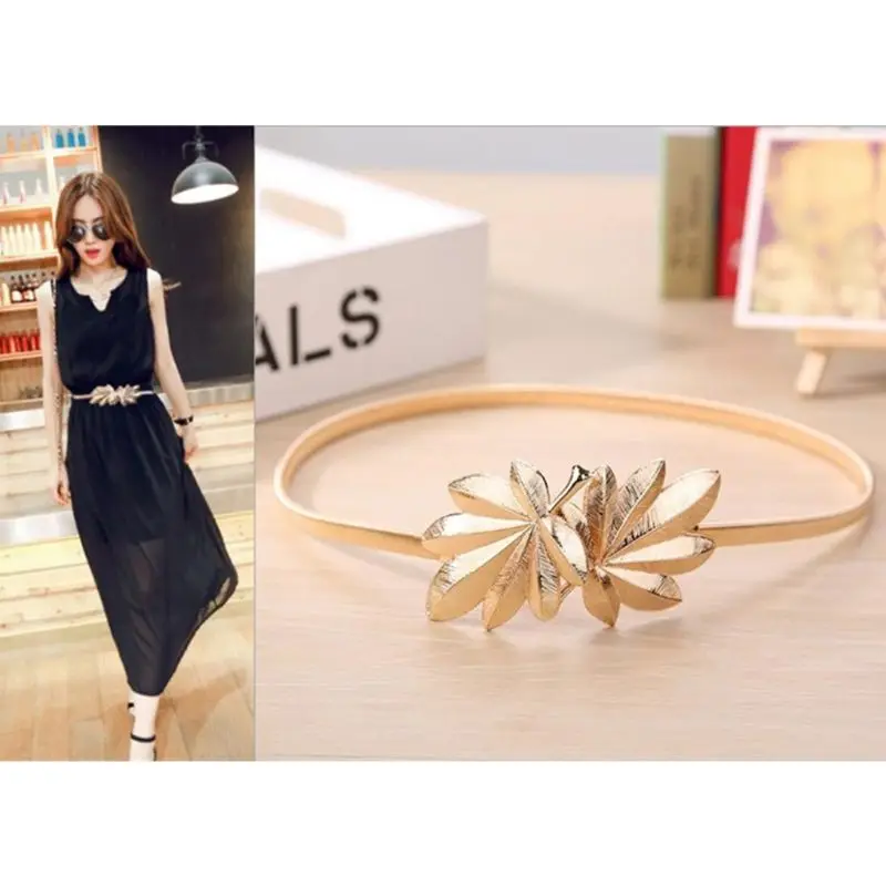 Women Skinny Waistband Maple Leaf Shape Metal Buckle Glitter Solid Color Elastic Wedding Dress Waist Belt Gold/Silver