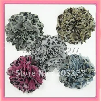 Free shipping!24pcs/lot 3 inch  New  chiffon leopard mesh fabric flowers  5colors for your choice