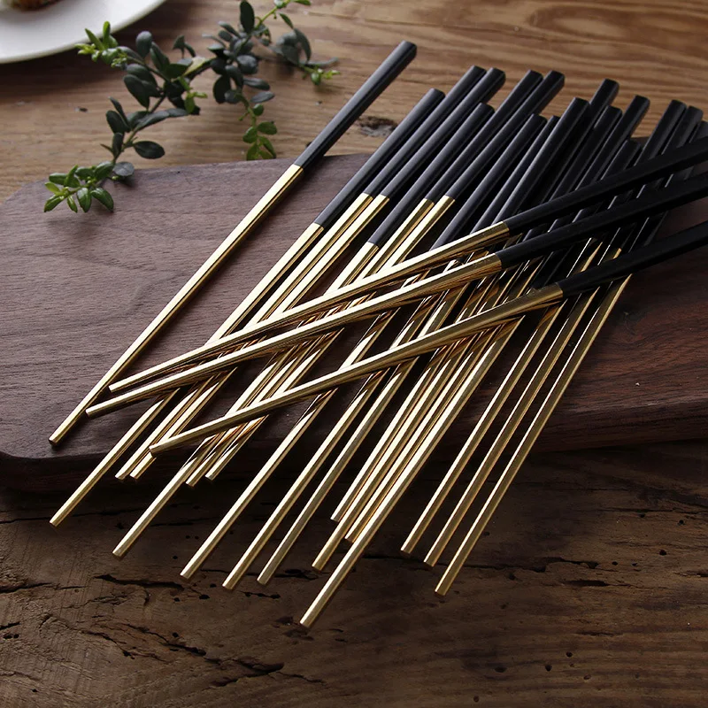 Korean Household Metal Square Chopsticks, Food Grade, Top 304 Stainless Steel Chopsticks Set, Chinese Tableware Flatware, 4Pairs