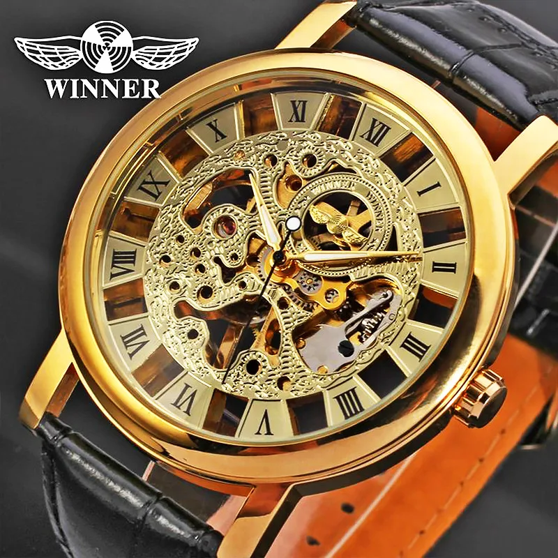 Reloj mecánico con esfera grande para hombre, pulsera automática de cuero transparente, Steampunk, winner, marca de lujo