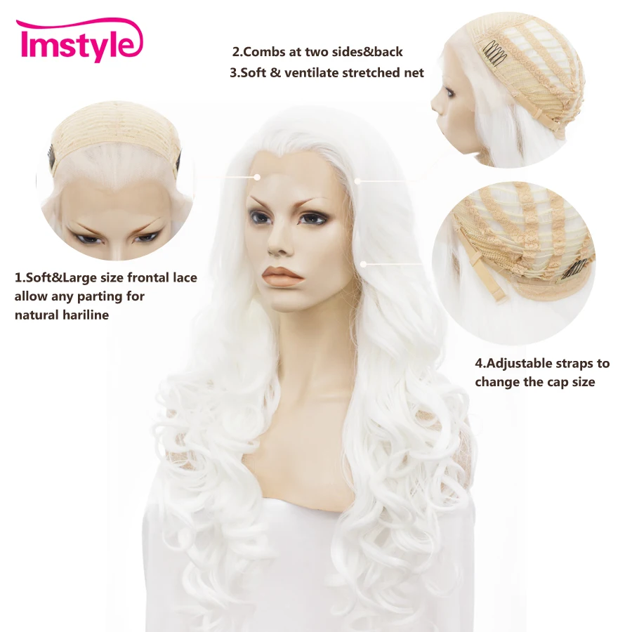 Imstyle White Wigs Synthetic Lace Front Wig Wavy Long Natural Hairline Wig Heat Resistant Fiber Cosplay Wig For Women