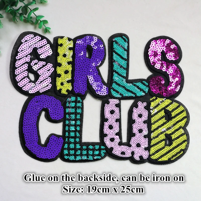 1 Piece Big Sequins Girls Club Patch Vintage Embroidered Applique Fashion Clothing Decoration Iron On Patch Accessories