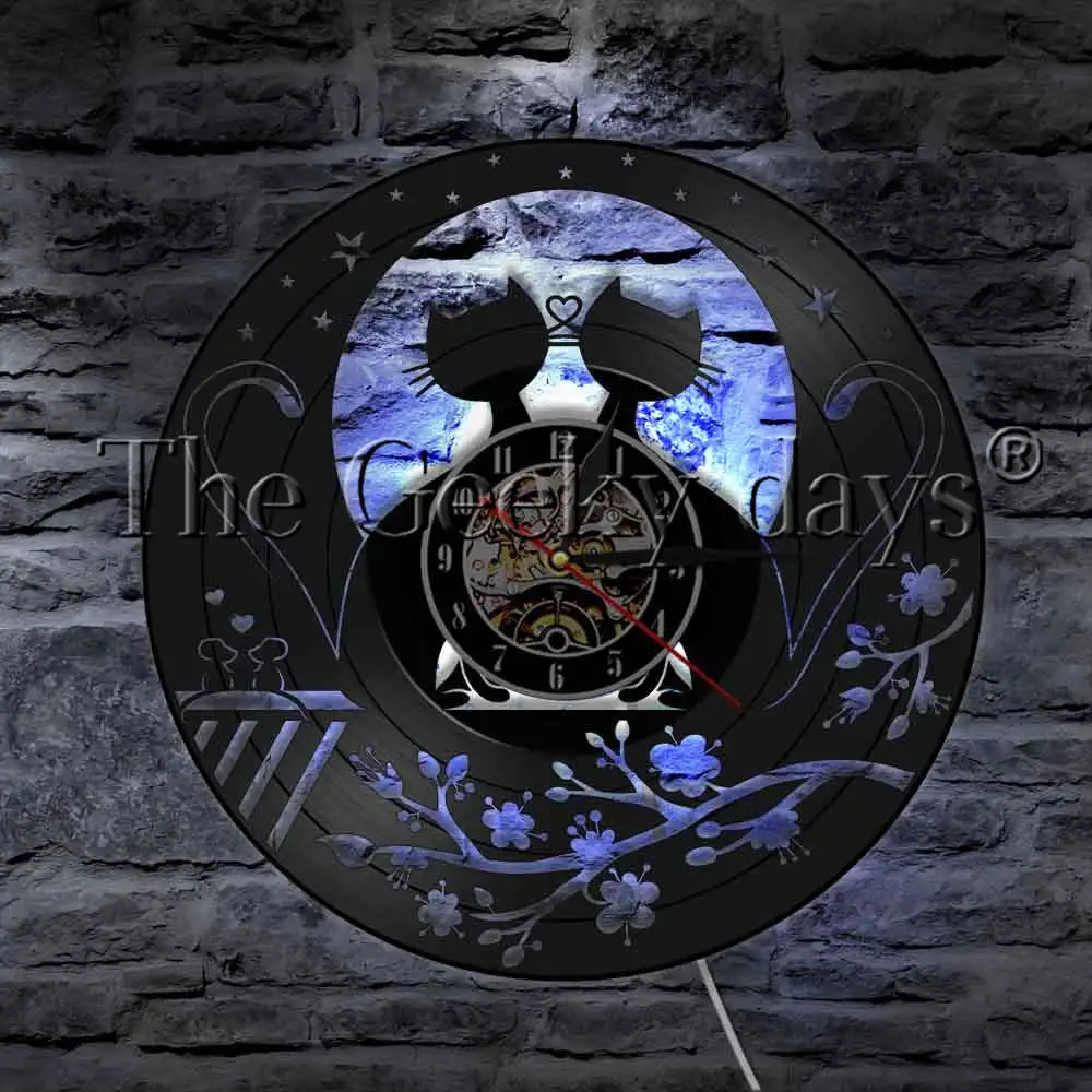 

Cats Couple And Flowers Vinyl Record Wall Clock With LED Backlight Pet Kitty Starry Sky Decor Lighting LED Hanging Lamp