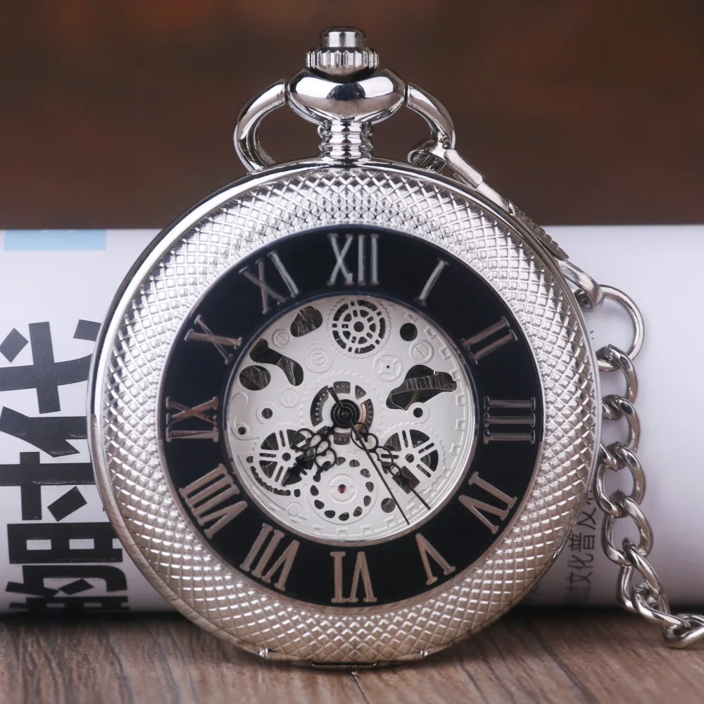 Fashion Steel Hollow Mechanical Analog Pocket Watch Roman Number Pendant Chain Men Women Jewelry  Gift