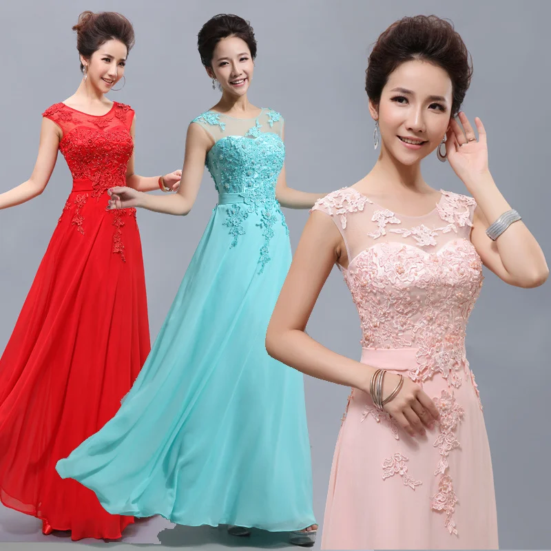 

Cheap Floor-Length Long Lace Red Light Pink Ice Blue Yellow Blush Bridesmaid Dress 2016 hot Prom Party Dress Under 80