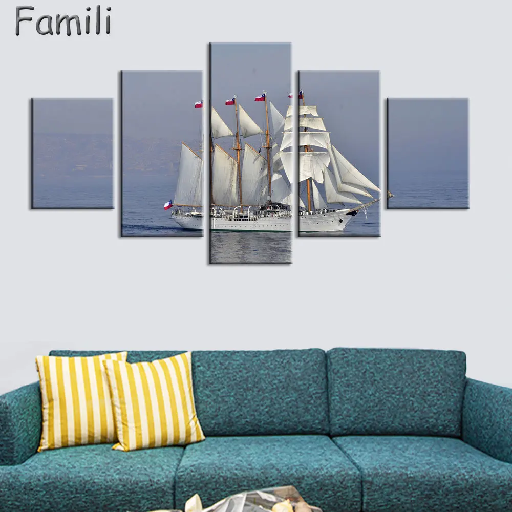 

5Pcs/set No Frame Seascape Sailing Boat Blue Sea Wall Art Oil Painting On Canvas For Home Wall Art Picture Customized