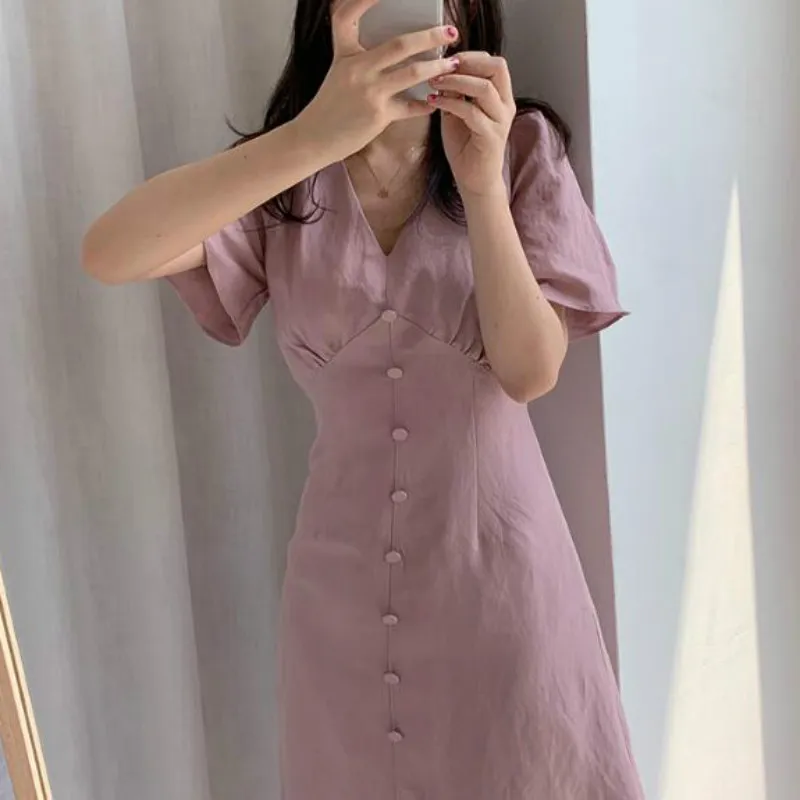 Long Dresses with Buttons Summer Women Elegant Sexy A- Line V Neck Short Sleeve Slim Waist Cotton Solid Color