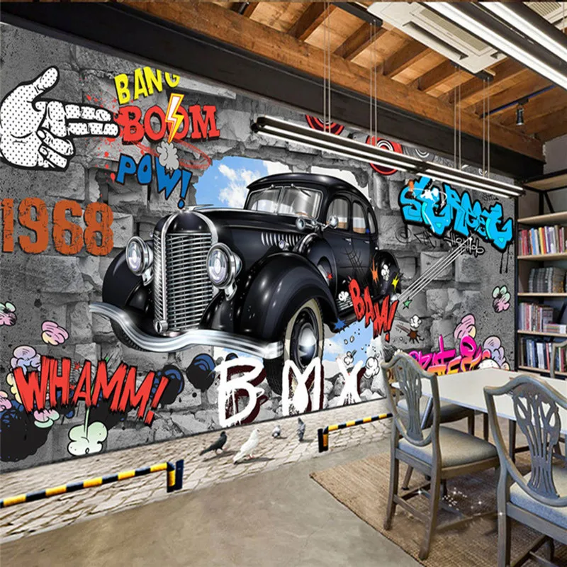 Graffiti mural de dessin animé 3D personnalisé pour garçons, peinture murale de voitures pour restaurant, décor de chambre à coucher, non tissé,