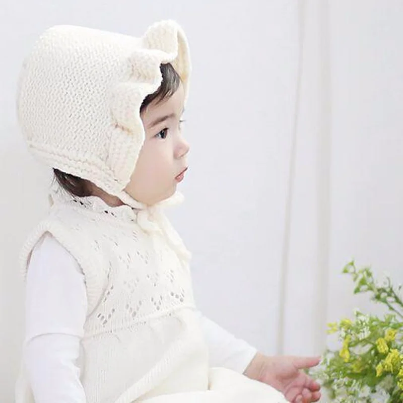 New Chic Baby Girl Winter Hat Knitted Crochet Ruffles Toddler Kids Warm Hats Earflaps Girls Flower Hat Red, White, Gray