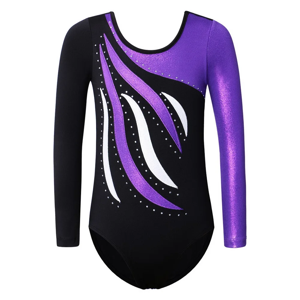 BAOHULU Kids Teens Gymnastics Leotard for Girls Long Sleeve Shiny Rhinestone Gymnastics Costume Jumpsuit Christmas Clothes Girl