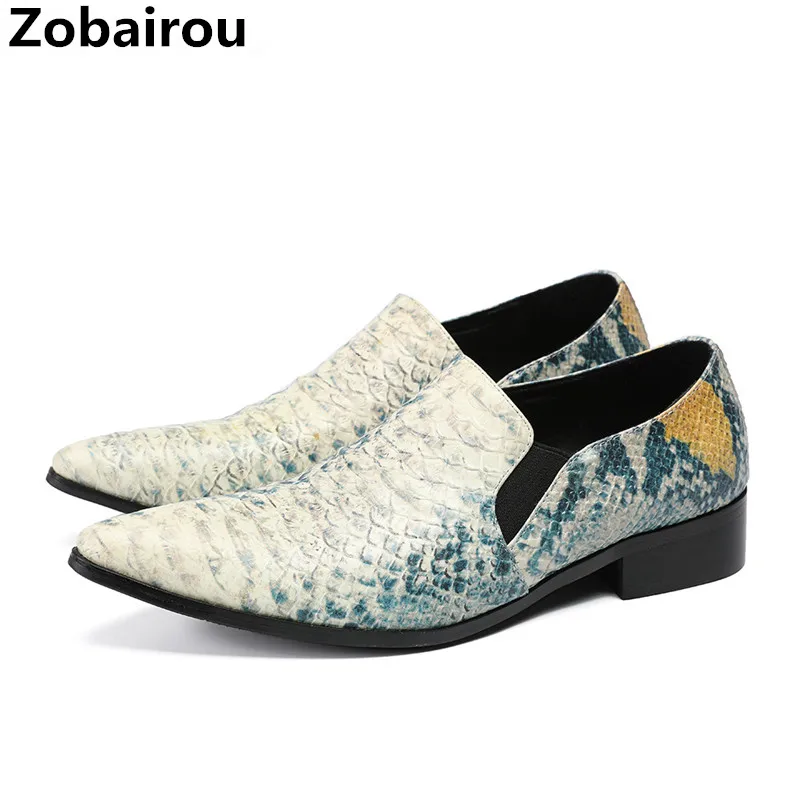 

Zobairou classic handmade python skin loafers men's shoes oxford pointed toe dress shoes business office print flats plus size