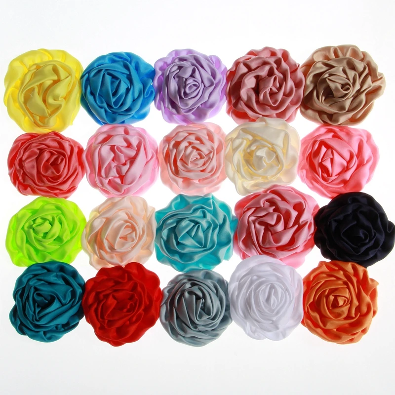 

50PCS 3" Fashion Rolled Rosette Satin Flowers For Headbands Soft Silk Fabric Flower For Women Hair Clips Accessories