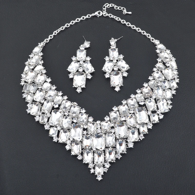 Luxurious Dubai Style Wedding Jewelry Sets Rhinestone Crystal Bridal Silver Color Necklace Earrings Sets Women Party Jewelry