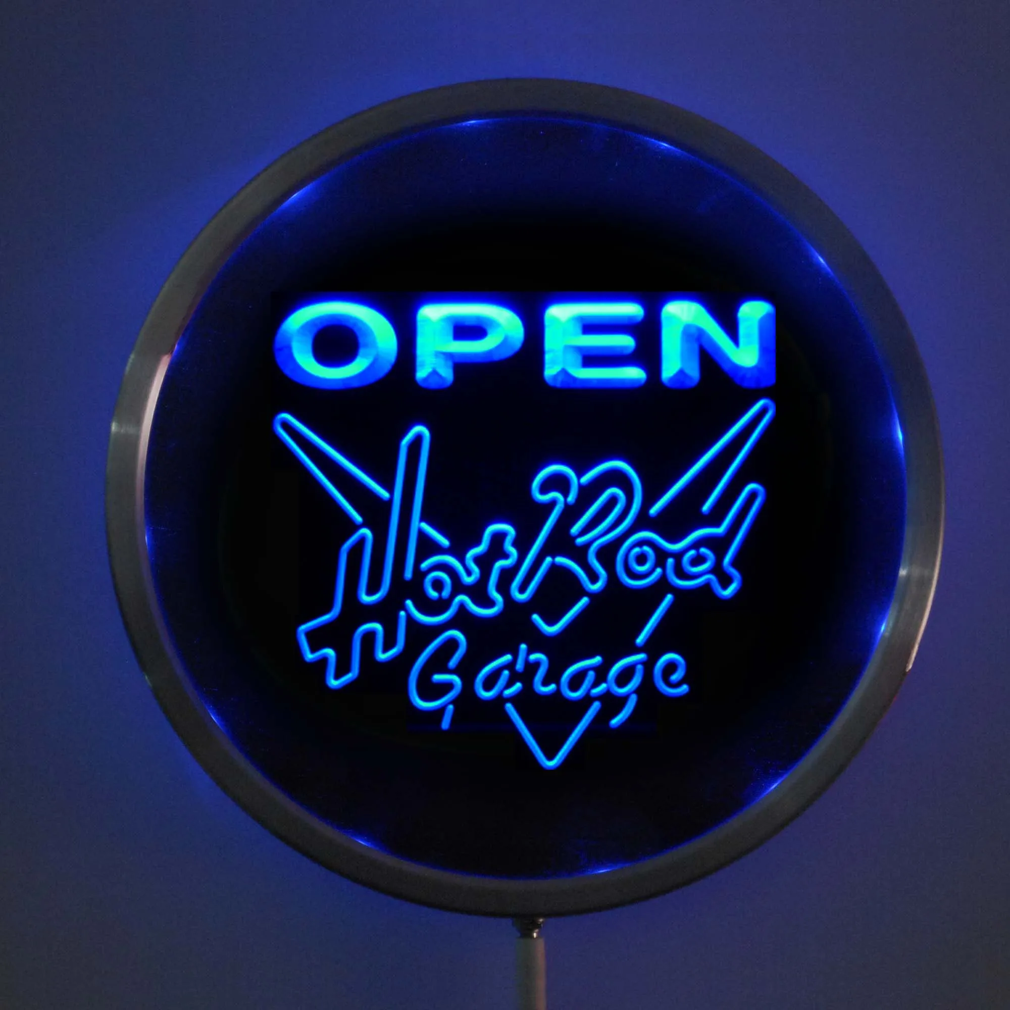 rs-0068 Hot Rod Garage OPEN LED Neon Round Signs 25cm/ 10 Inch - Bar Sign with RGB Multi-Color Remote Wireless Control Function