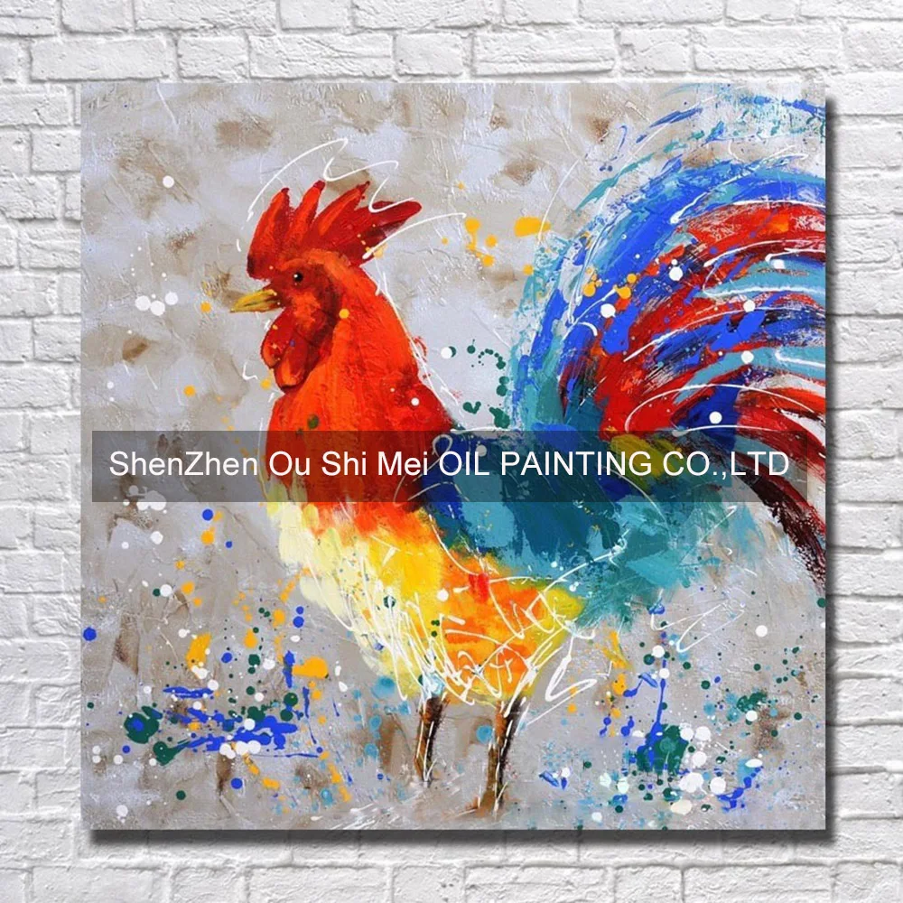 

Hand Painted Modern Abstract Animal Oil Paintings on Canvas Cock Wall Oil Painting Year of the Rooster Mascot Art for Home Decor