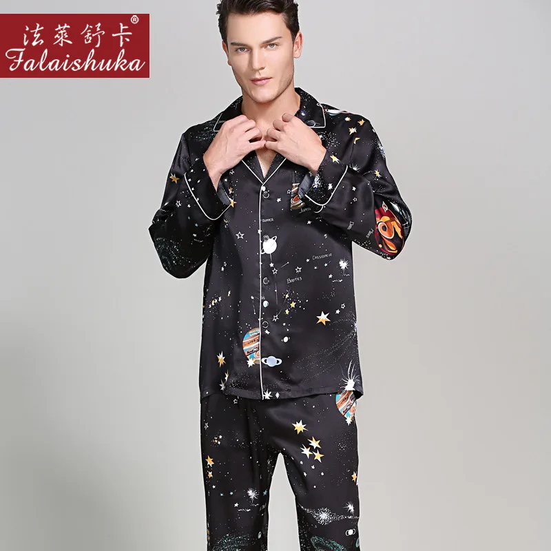 100% Silk Man Pajamas Romantic Starry Sky Printed Long-Sleeve 19 MM Sleepwear Male Two-Piece Silkworm Silk Pyjama Sets T9020