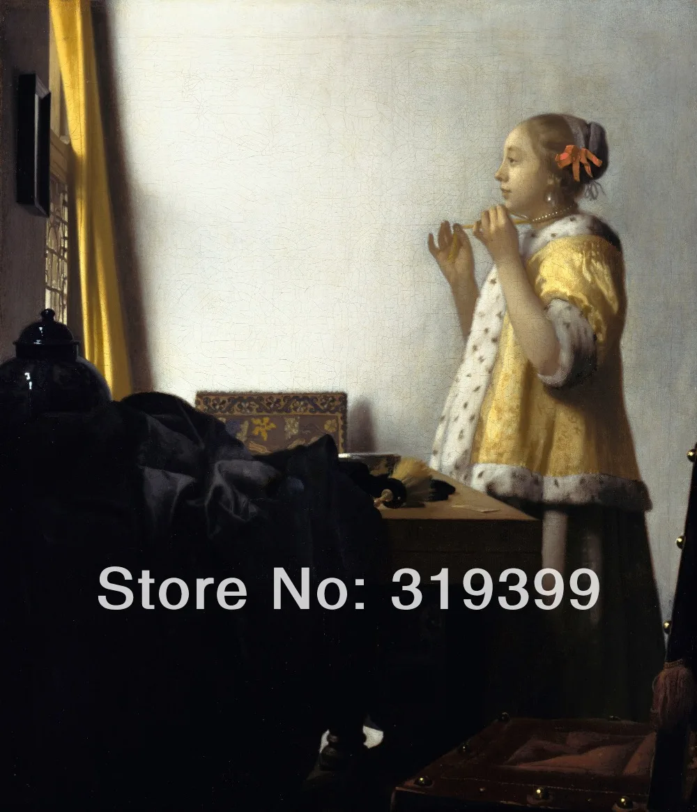 

Johannes Vermeer 100% handmade Linen Canvas Oil Painting Reproduction,young-woman-with-a-pearl-necklace ,Free FAST Shipping