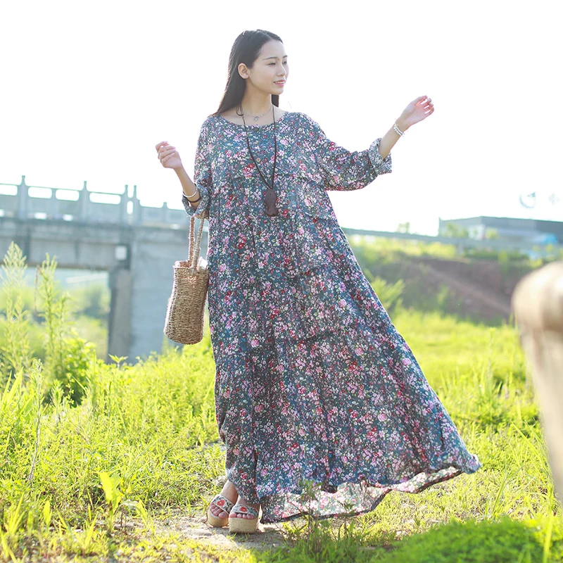 LZJN – Robe de plage à manches longues, style Boho, imprimé Floral, Maxi, en coton, lin, ethnique