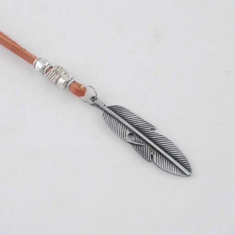 New Collares Necklaces Cool Rock Feathers Pendant Genuine Leather Long Chain Vintage Design image 2