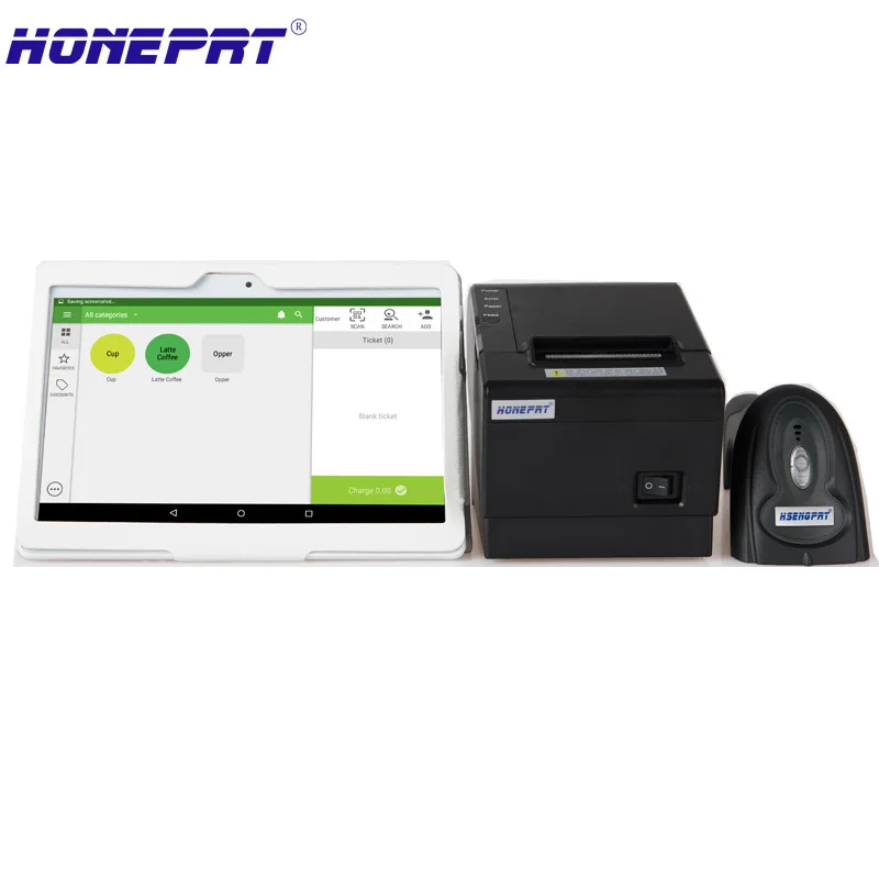 payment terminals for store sells with 10inch android touch screen PC 58mm Thermal Printer with 1D Bluetooth Barcode reader