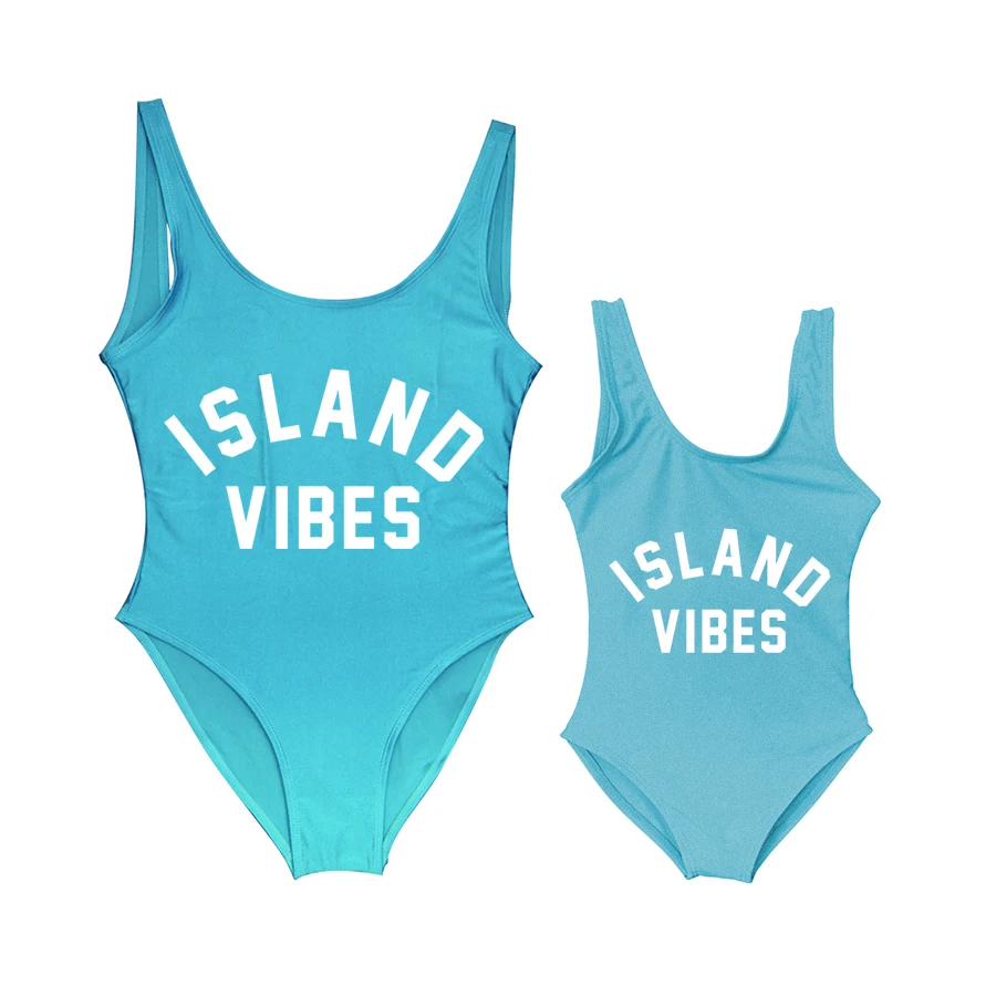 New Kid One-piece Swimsuit Parent-Child Swimwear Kids ISLAND VIBES Printed Swimsuit Girls\' One Piece Swimsuits Children