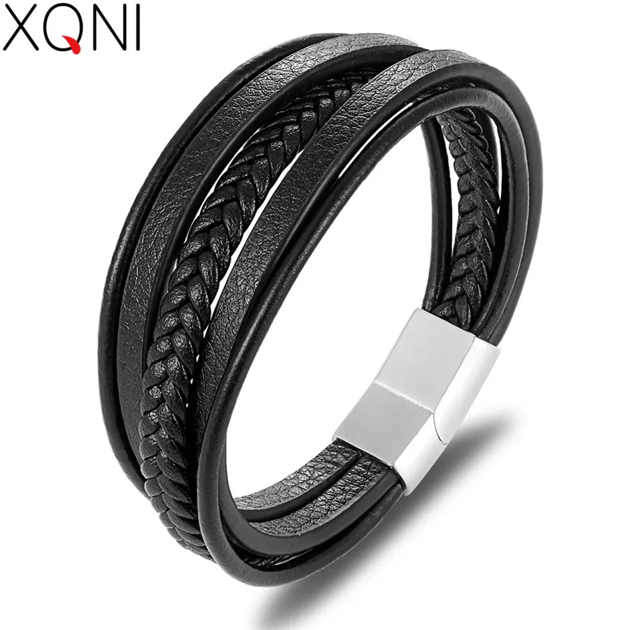 XQNI 19/21/23CM Leather Bracelet Black & Brown Color with Stainless Steel Buckle Easy Hook Bangle For Cool Boys Jewelry Gift