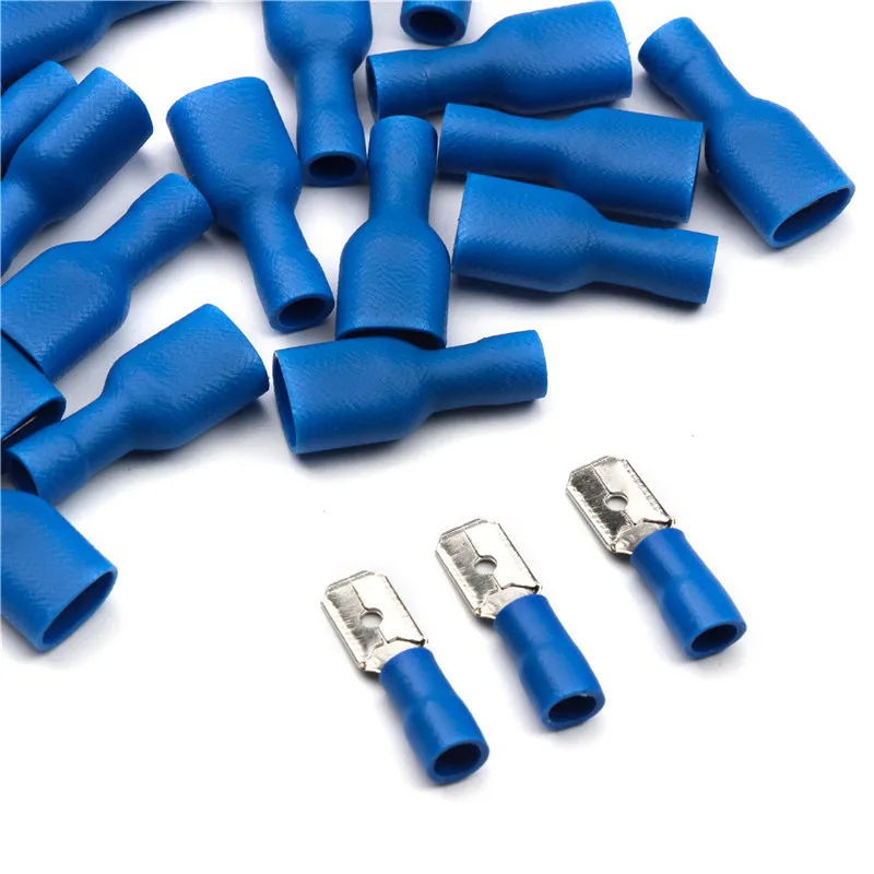 100Pcs FDFD2-250 MDD2-250 Blue Crimp Terminal Female + Male Spade Insulated Electrical Connectors Wiring Cable Plug 1.5-2.5mm2