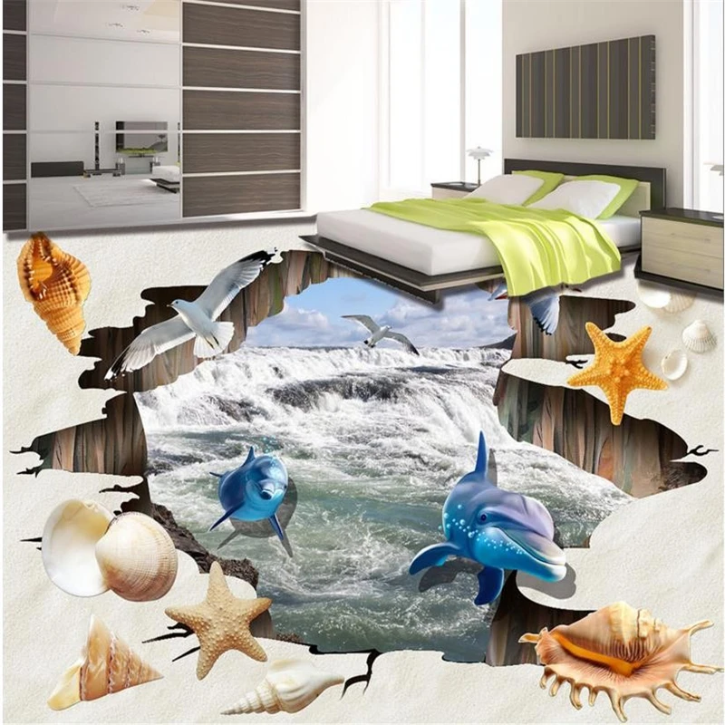 beibehang 3d flooring wall mural wall paper pvc self adhesive wallpaper custom Falls Shell Beach 3d floor tiles for bathrooms