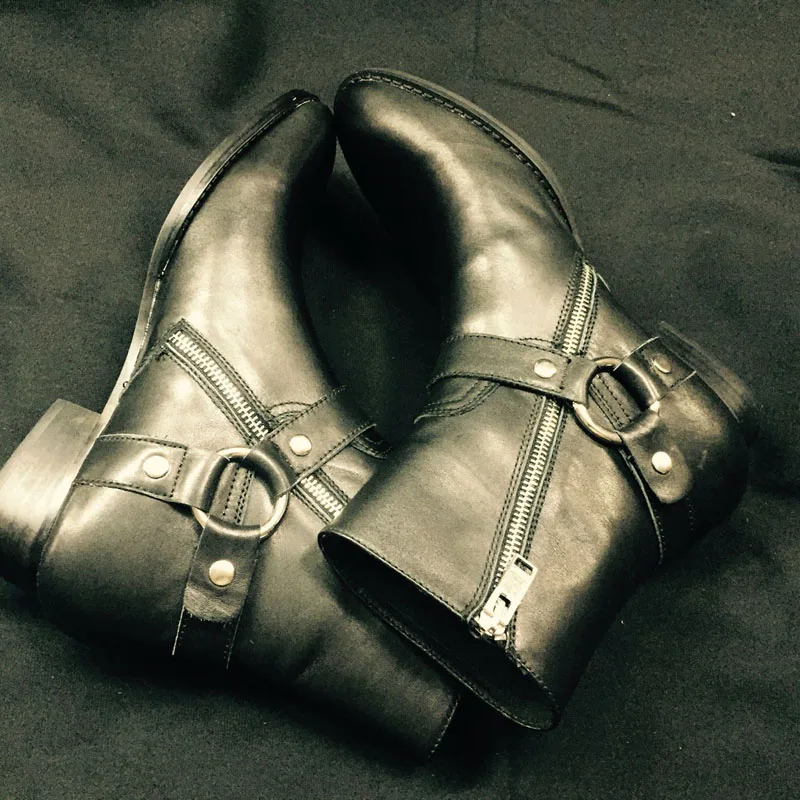 

Men Genuine Leather Handmade Boutique Wedge Dress Party luxury Denim Boots Black Ankle Buckle Strap Zipper Boots Footwear Boots