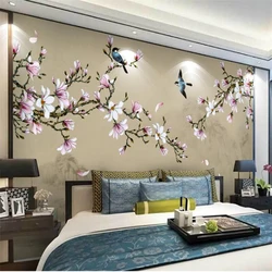 wellyu Customized large-scale murals new Chinese style hand painted magnolia flowers and birds green background wallpaper