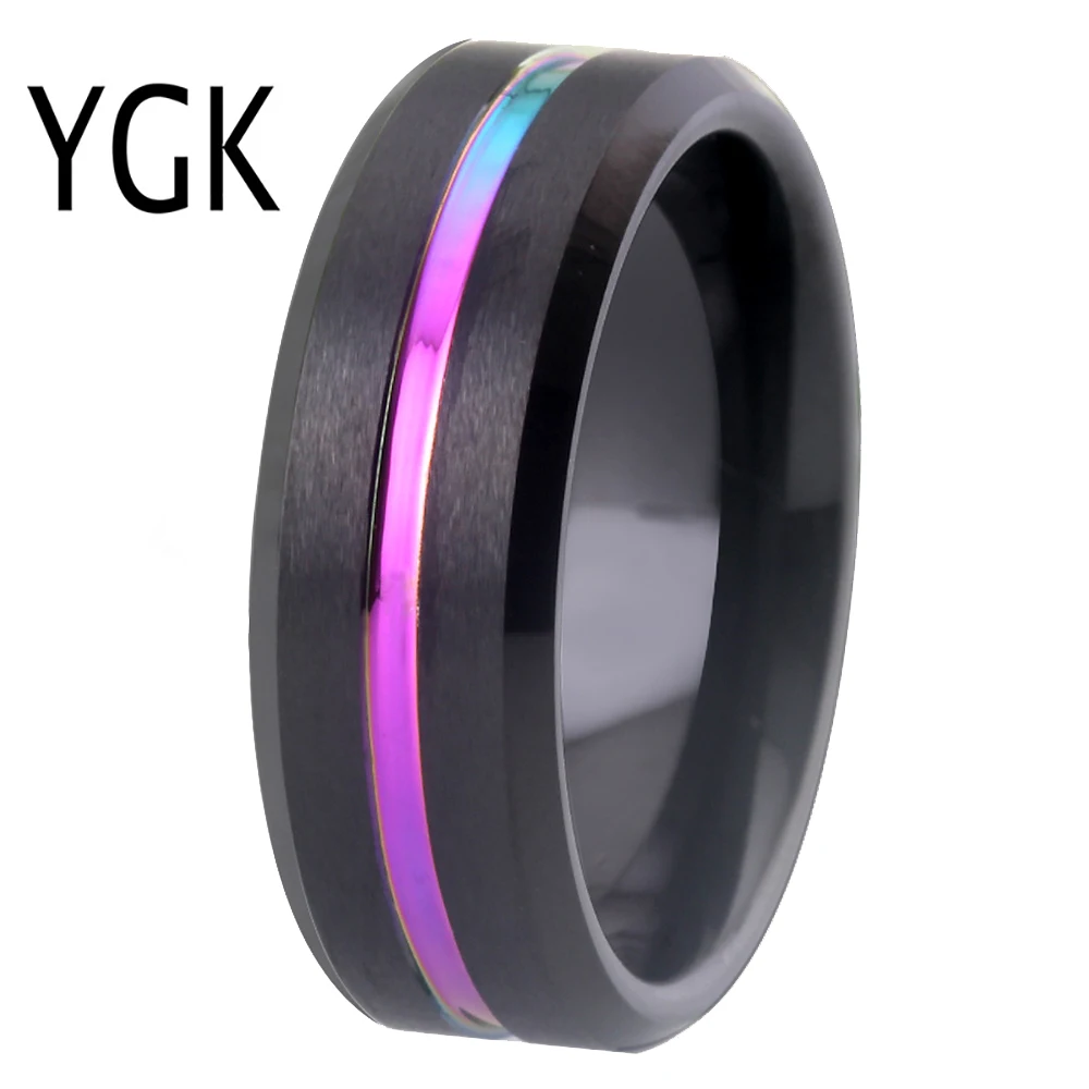 8mm Tungsten Carbide Ring Rainbow Color Thin Groove Wedding Band Beveled Comfort Fit Rings Women Engagement Wedding Party Ring