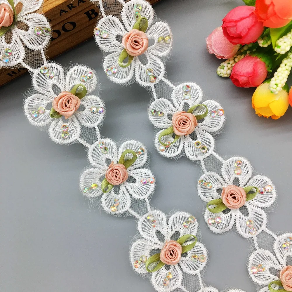 

1 Yard Polyester Flower Rhinestones Lace Trim Ribbon Embroidered Sewing Fabric Craft Trimmings Wedding Dress Apparel Decoration