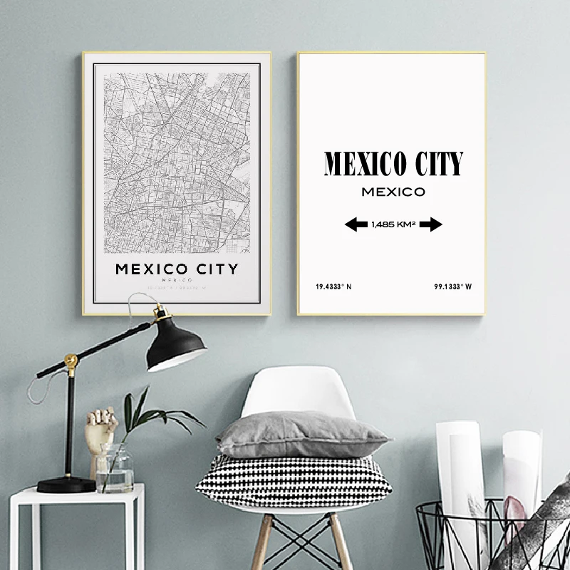 Impresiones de mapa de la ciudad de México, pintura artística en lienzo, carteles de viaje, latitud en blanco y negro, imágenes artísticas de pared,