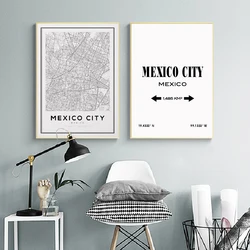 Impresiones de mapa de la ciudad de México, pintura artística en lienzo, carteles de viaje, latitud en blanco y negro, imágenes artísticas de pared, decoración de pared del hogar