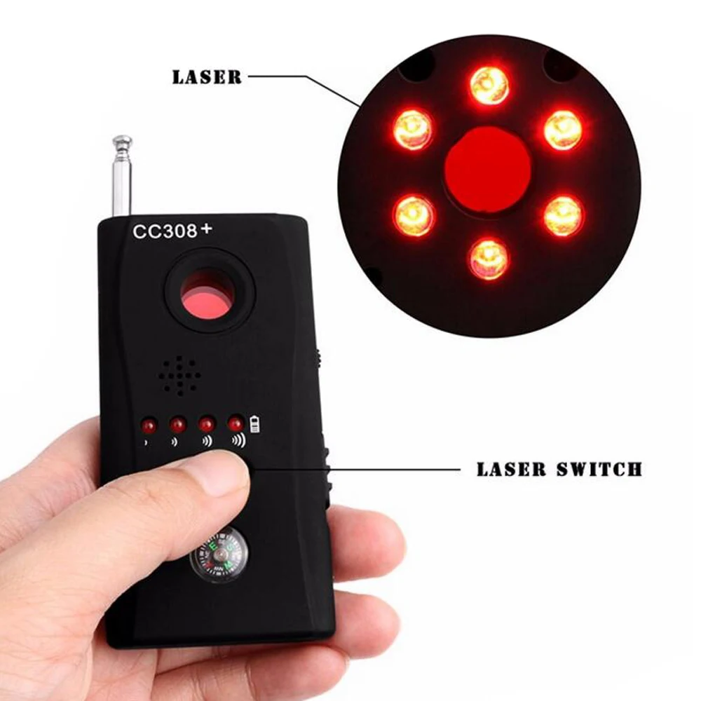 CC308 + Mini Anti-Spy RF Signal Radio Freqency Detector telecamera nascosta lente Laser rilevatore di dispositivi GSM