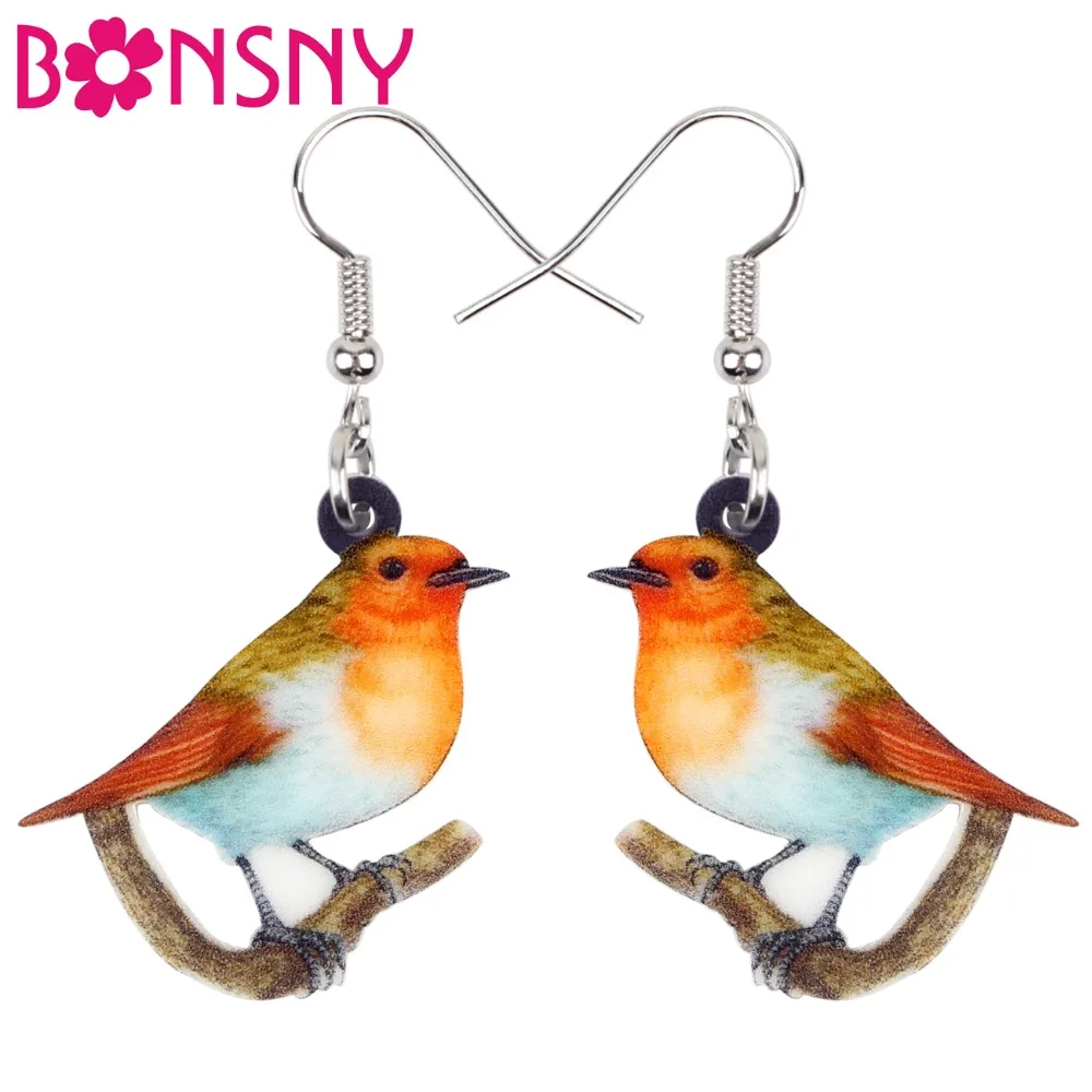 Bonsny Acrylic Resting Sweet Robin Bird Earrings Big Long Dangle Drop Novelty Animal Jewelry For Women Girls Teens Kid Wholesale