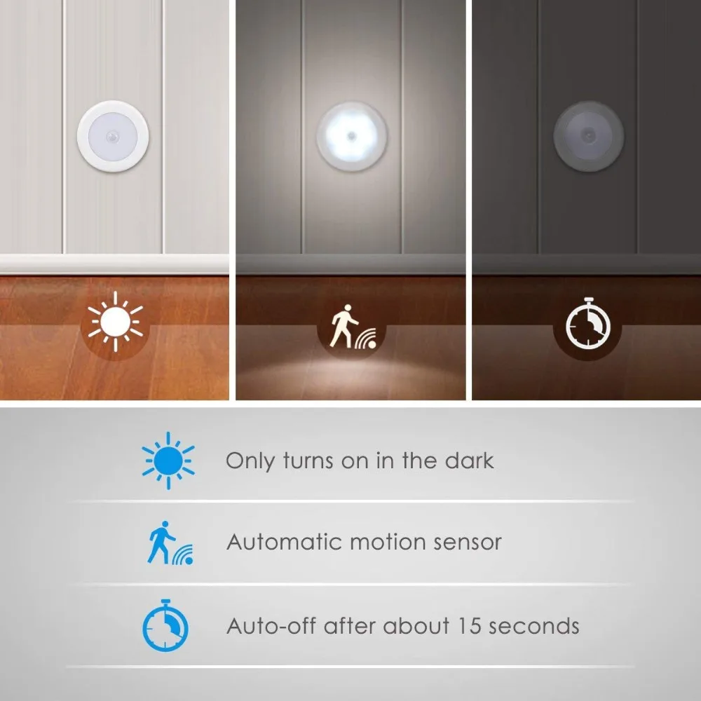 6LED Beads Sensor Night Light PIR Infrared Motion LED Bulb Auto On and Off Closet Battery Power For Home Wall Lamp Cabinet Stair