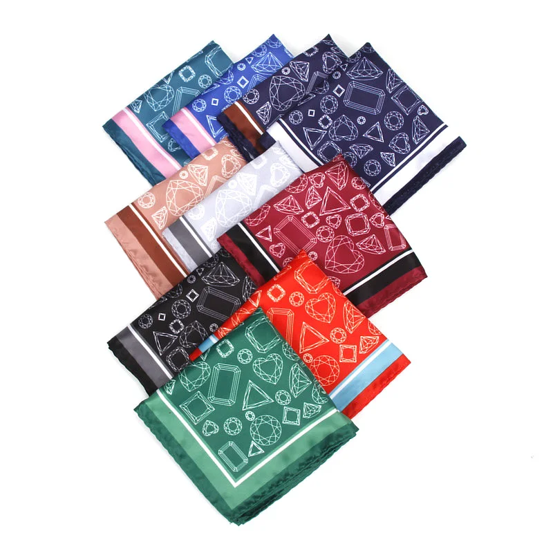 Men's Handkerchief Vintage Geometric Pocket Square Soft Silk Hankies Wedding Party Business Hanky Chest Towel Gift 24*24CM