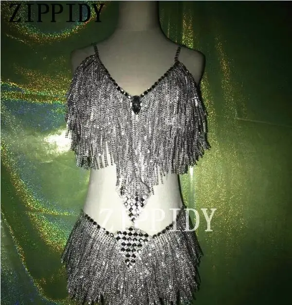 Sexy Silver Rhinestones Tassel Bodysuit Costume Nightclub Dj Celebrate Performance Outfit Crystals Wear Stage Show Leotard