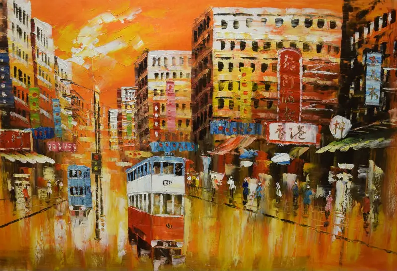 

Hand Painted Canvas Knife Oil Painting Abstract HongKong Trams Street Canvas Painting Wall Art Picture Painting for Living ROOM