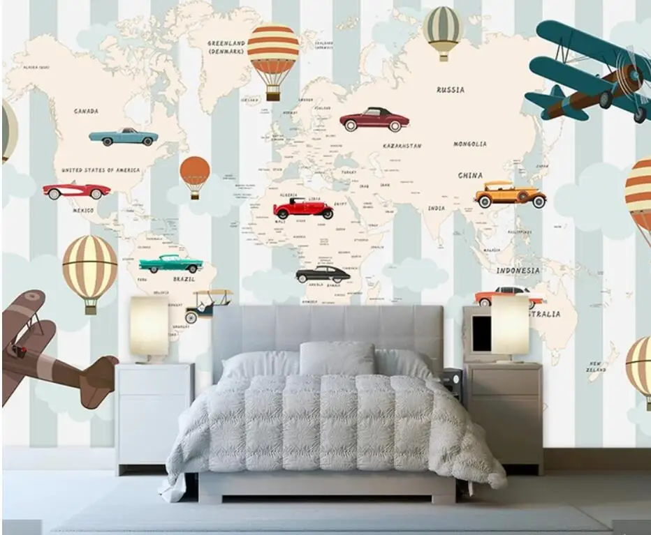 3D Carton Air Hot Balloons Airplane World Map Wallpaper Mural for Kids Room Children Bedroom Vintage Wall Papers Home Decor