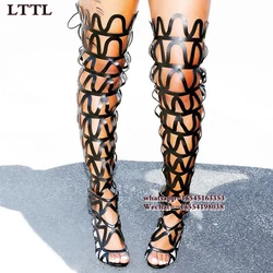 Women Cuts Out Boots Thigh High Gladiator Sandals Boots Sexy Knee High Heel Back Lace up Booties Open Toe Party Shoes