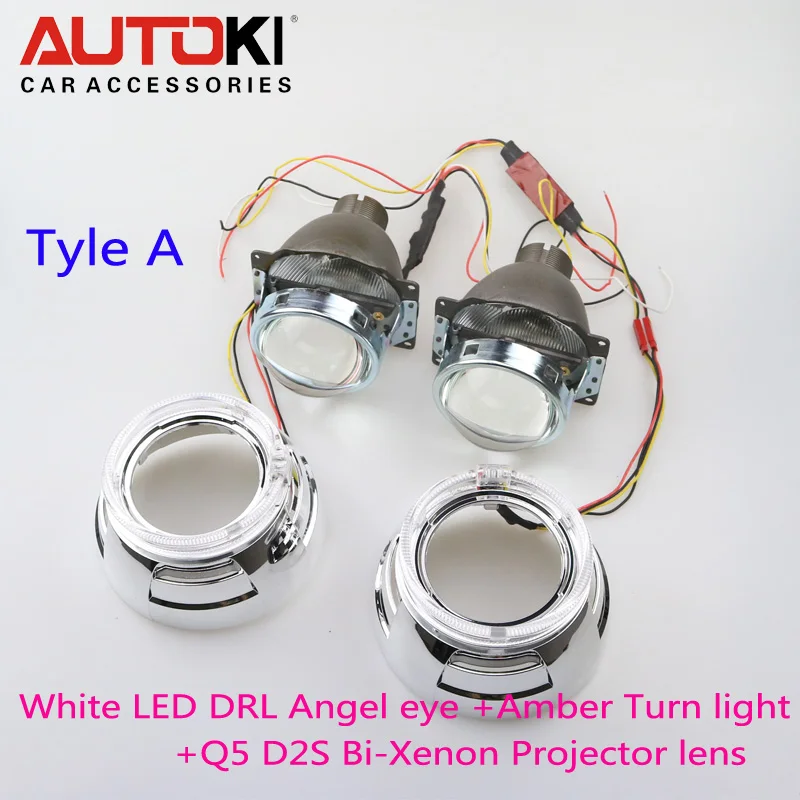 Autoki 3.0 Q5 HID Bi-Xenon Projector Lens + Dual Color Led Angel Eyes Shroud Use D2S D2H D1S D3S Bulb for Car headlight