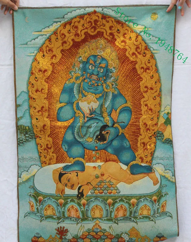 36 inch Tibet Buddhism Silk embroidery Yellow Jambhala Wealth God Thangka Painting Mural