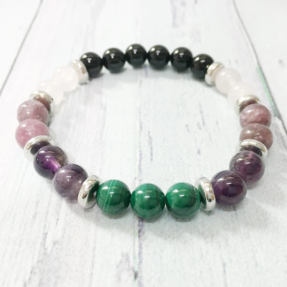 MG0324 Natural  AAA Grand Malachite Bracelet Power Black Onyx Gemstone Bracelet Women`s Lepidolite Amethyst Energy Bracelet