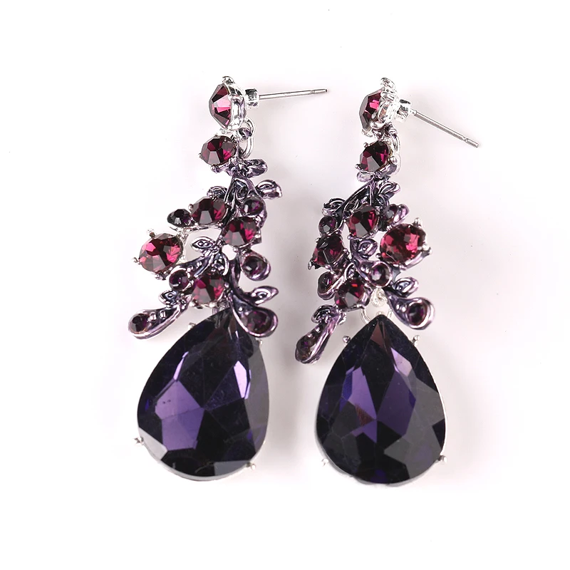 Bridal Party Wedding Jewelry Sets Statement Purple Delicate Crystal Rhinestones Necklace Earrings set Waterdrop Dress Accessorie